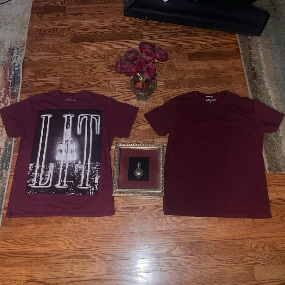 Bundle of TWO Men's Burgundy T-Shirts Sz Medium 1.Graphic Tee 2. Performance Tee